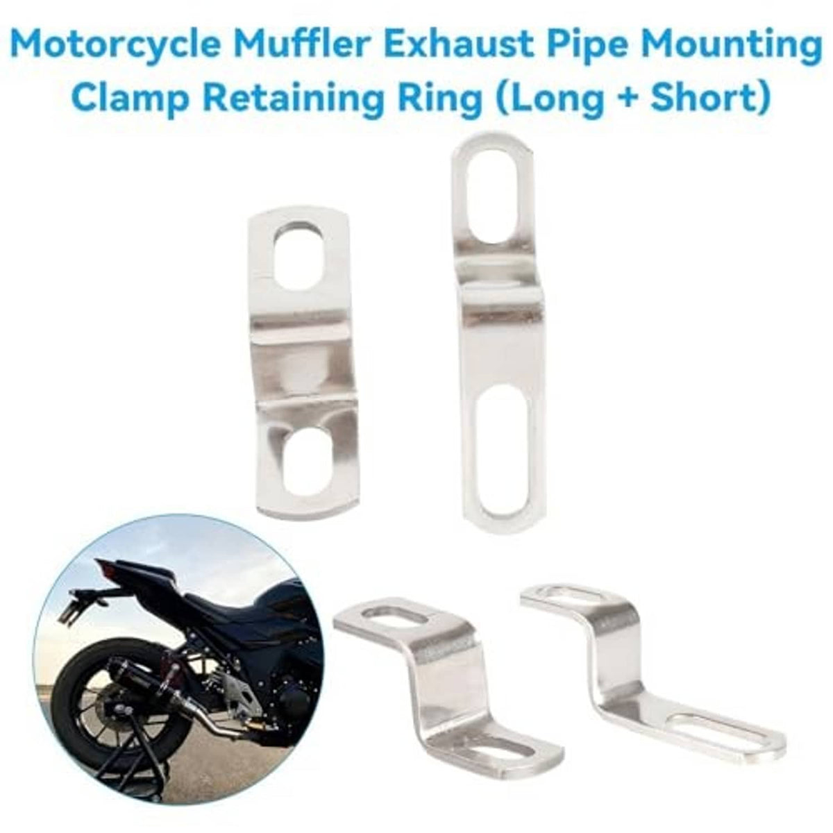 Motorcycle exhaust muffler mounting clamp retaining rings, long and short, silver brackets