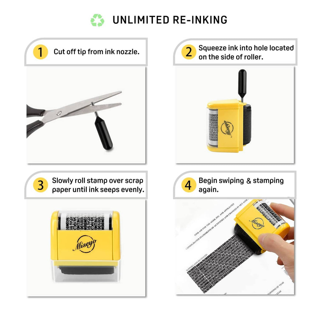 Yellow roller stamp set with step-by-step setup panels and black ink roller
