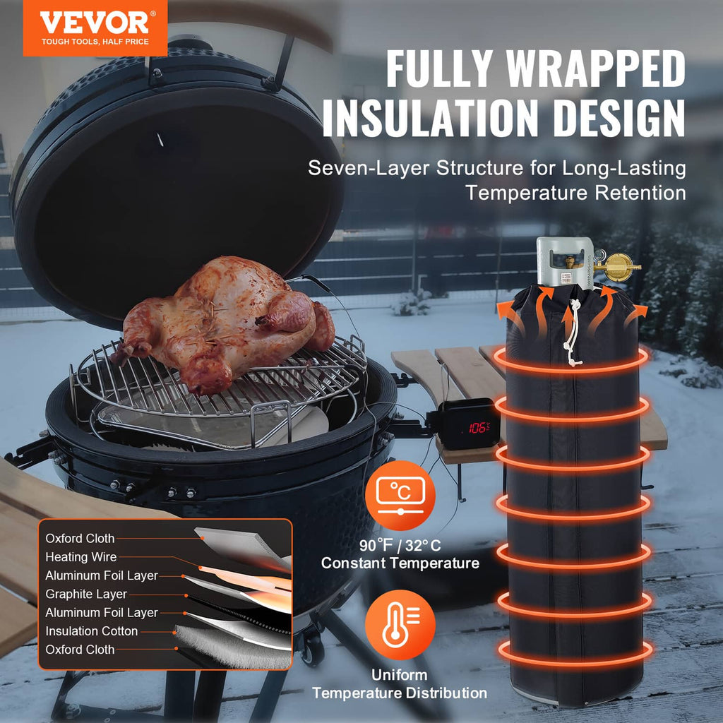 Black insulated gas cylinder warmer with heating wire wrap and orange illuminated coils.
