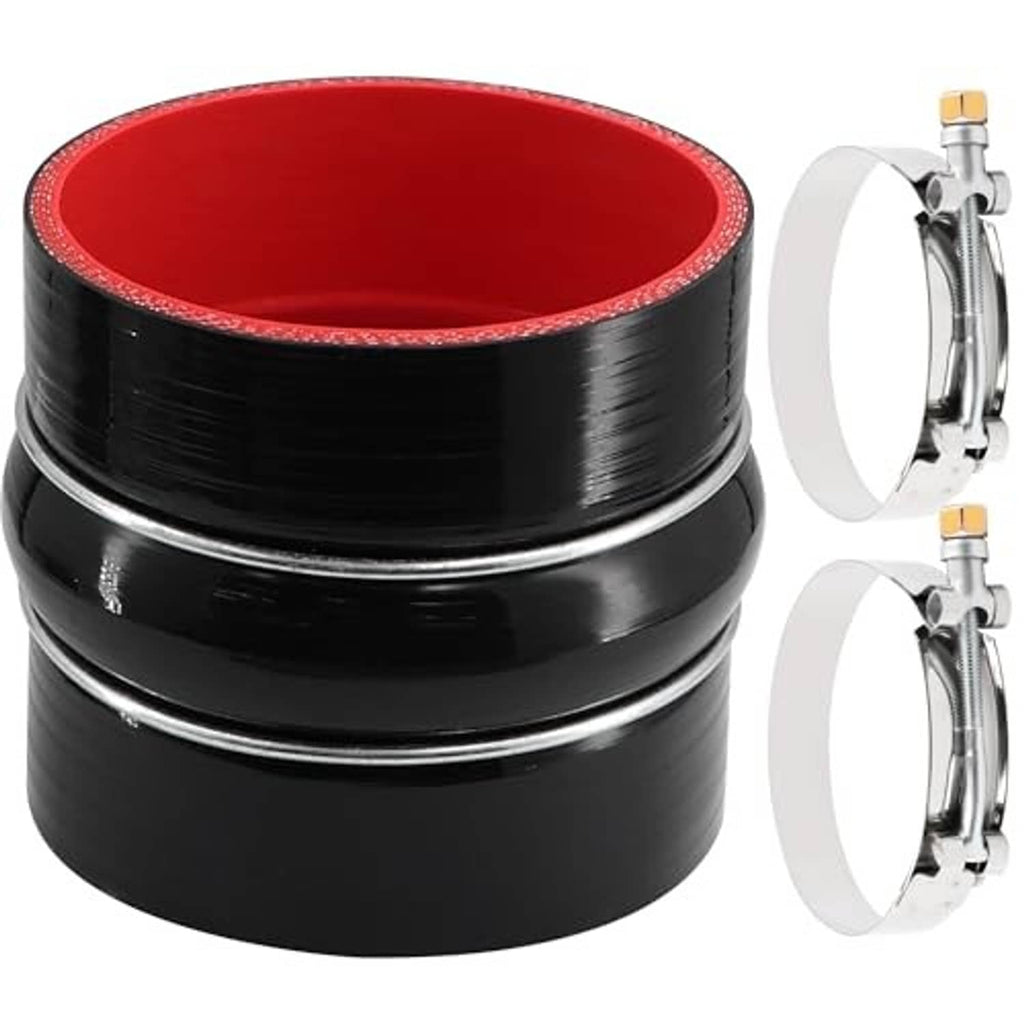 Black silicone straight coupler hose with red inner lining, with two metal hose clamps.
