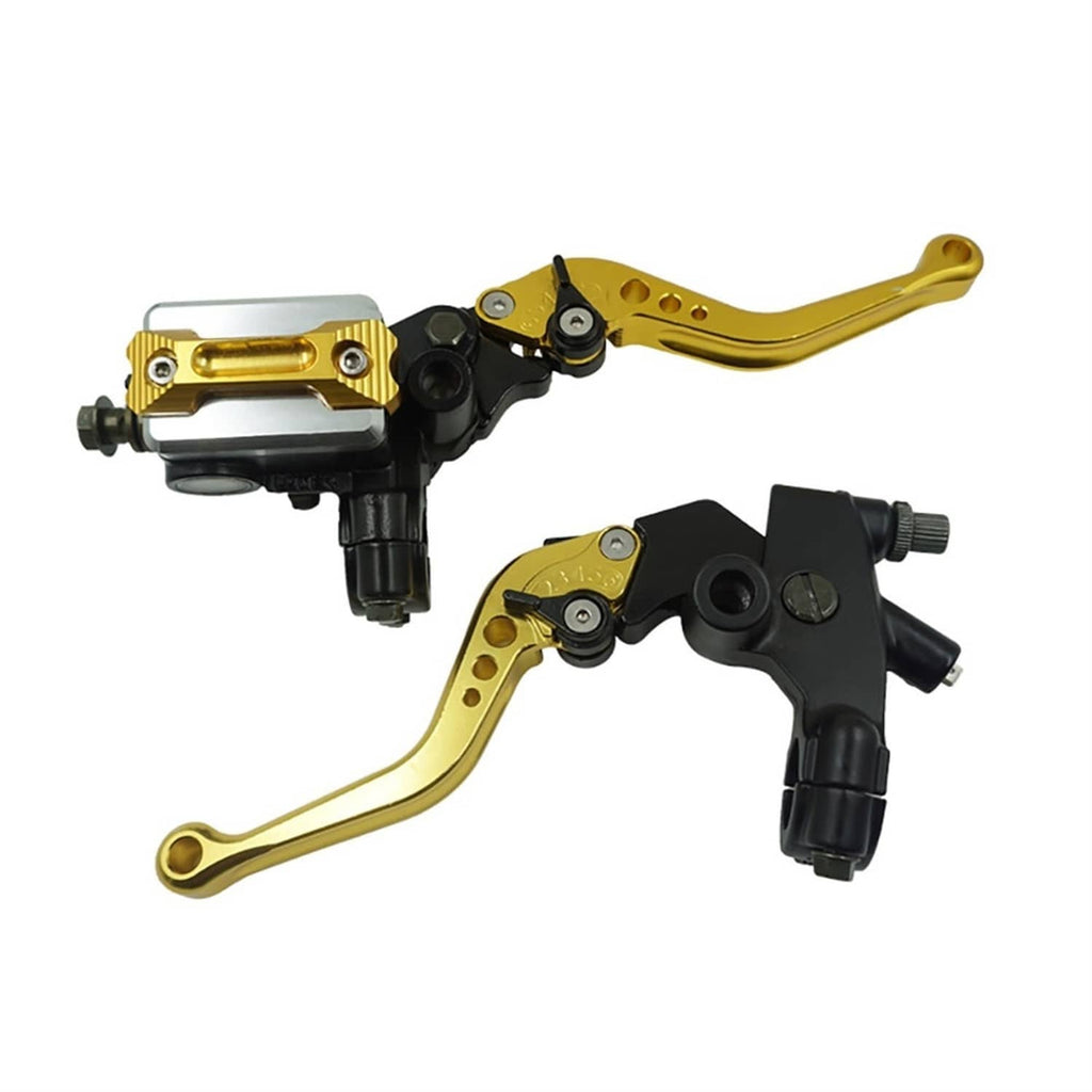 Gold motorcycle brake and clutch master cylinder lever set with silver reservoir cover