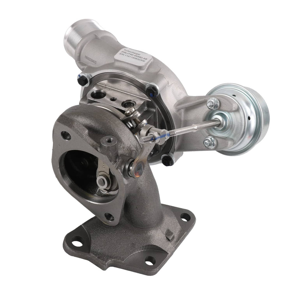 Turbocharger with cast exhaust housing, silver compressor inlet, and vacuum actuator parts