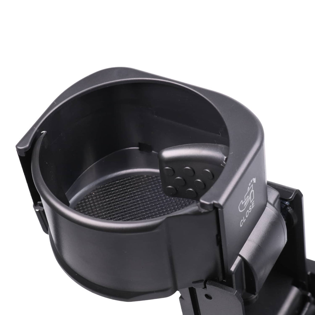 Front retractable cup holder front cup well with texture insert and close icon, black