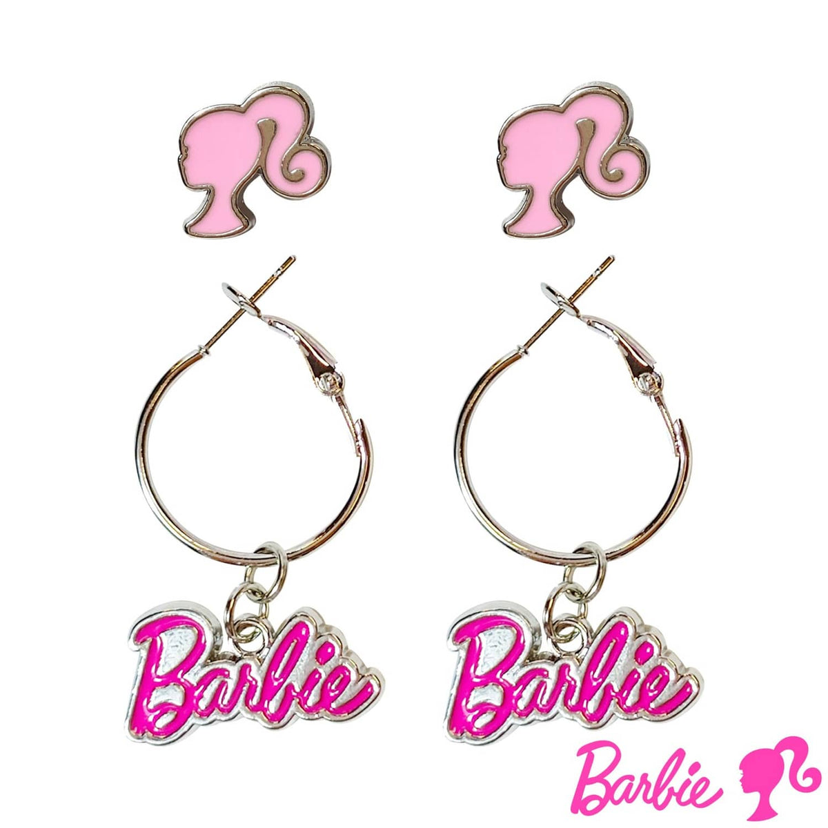 Hot pink Barbie logo stud earrings with hoop and bow charms, small girl’s set