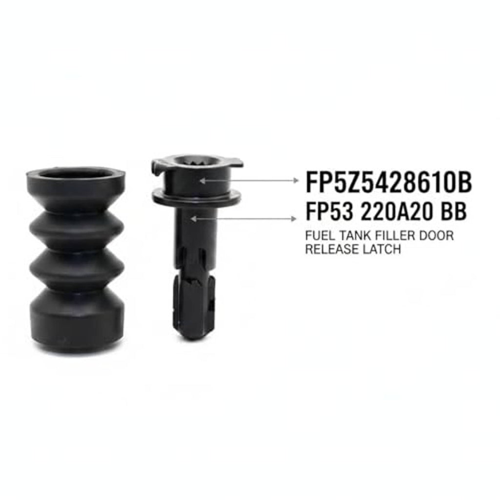 Fuel tank filler door release latch and rubber boot, black components, side-by-side.