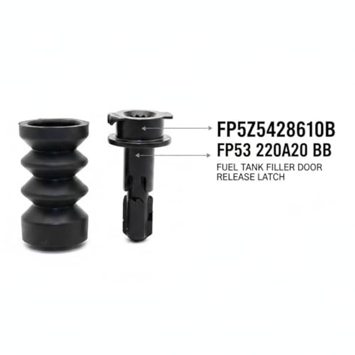 Fuel tank filler door release latch and rubber boot, black components, side-by-side.