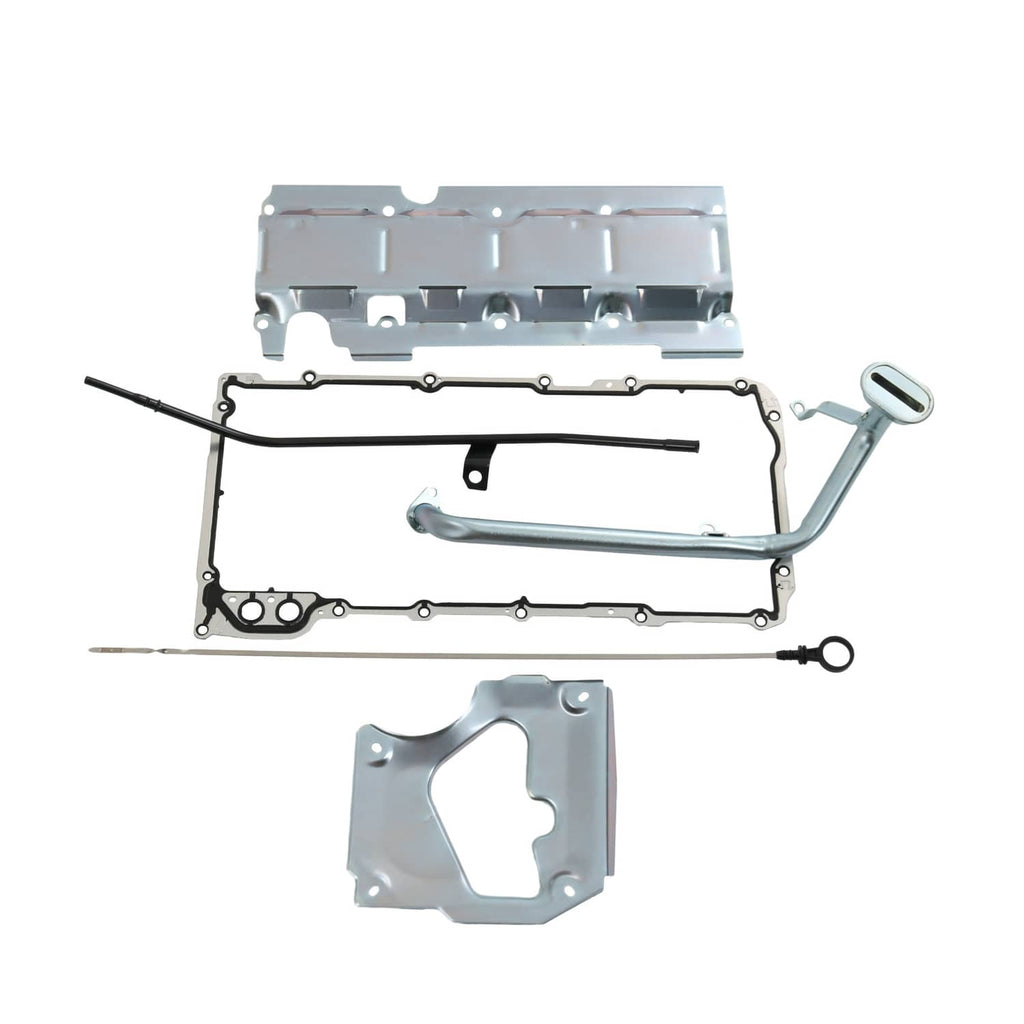 Engine oil pan gasket set with oil pickup tube, bolts, and mounting bracket