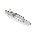 Chrome exterior door handle with release button detail, detached on white background.