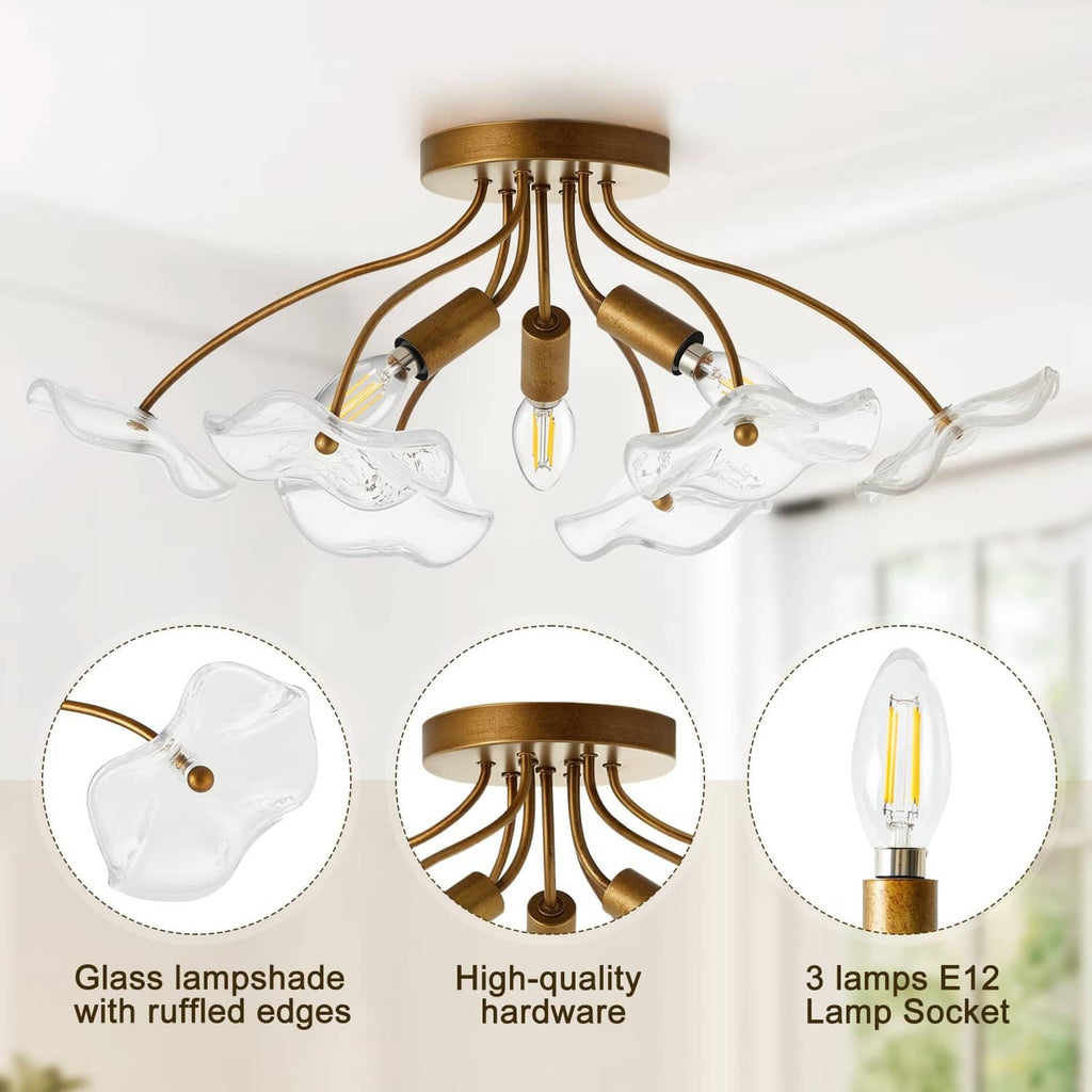 Brass semi flush ceiling light with clear glass shades and central bulb
