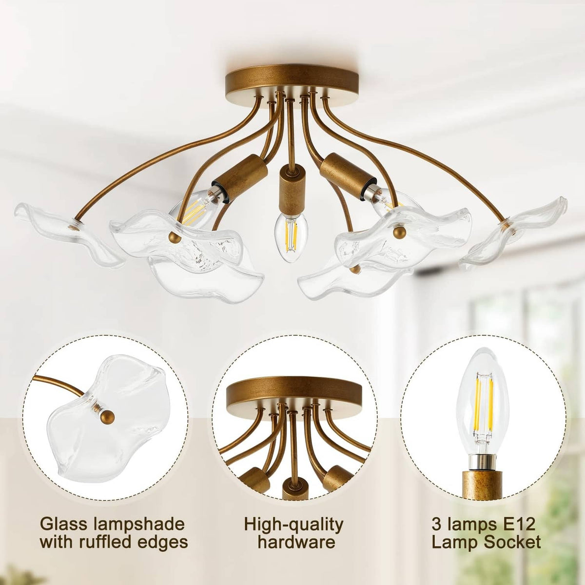 Brass semi flush ceiling light with clear glass shades and central bulb