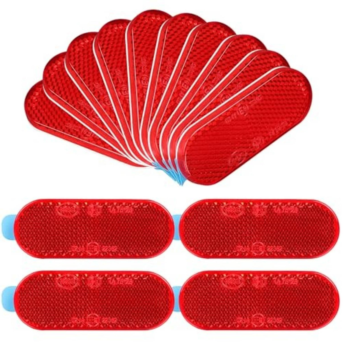 10 red oval reflector stickers fanned out, self-adhesive with blue backing tabs