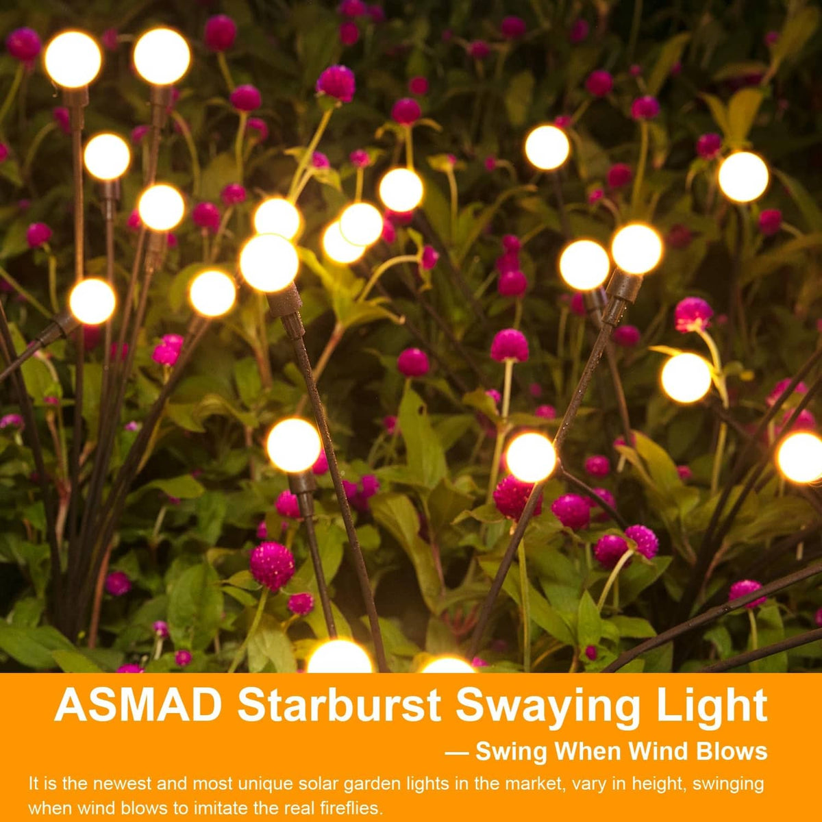 Solar starburst sway lights with glowing round LED bulbs among pink flowers