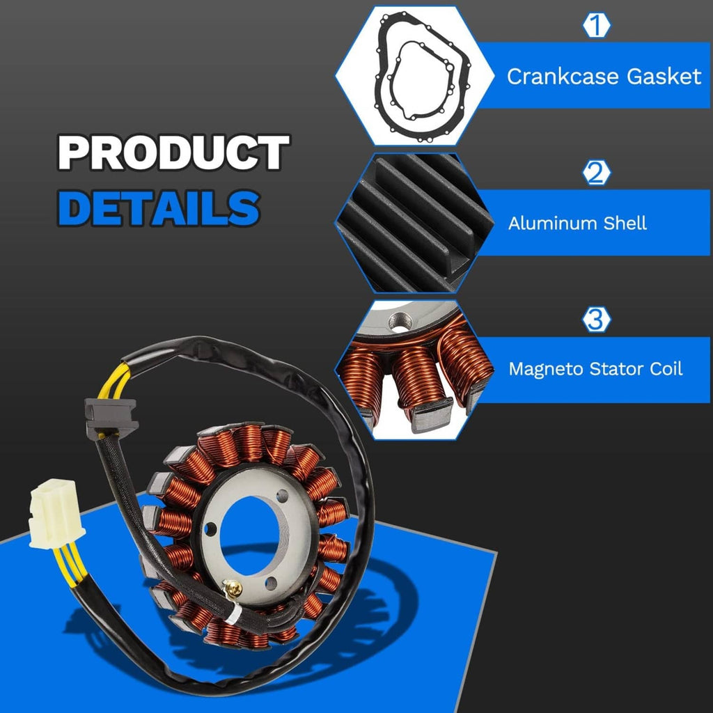 Exploded view parts: crankcase gasket, aluminum shell, and magneto stator coil