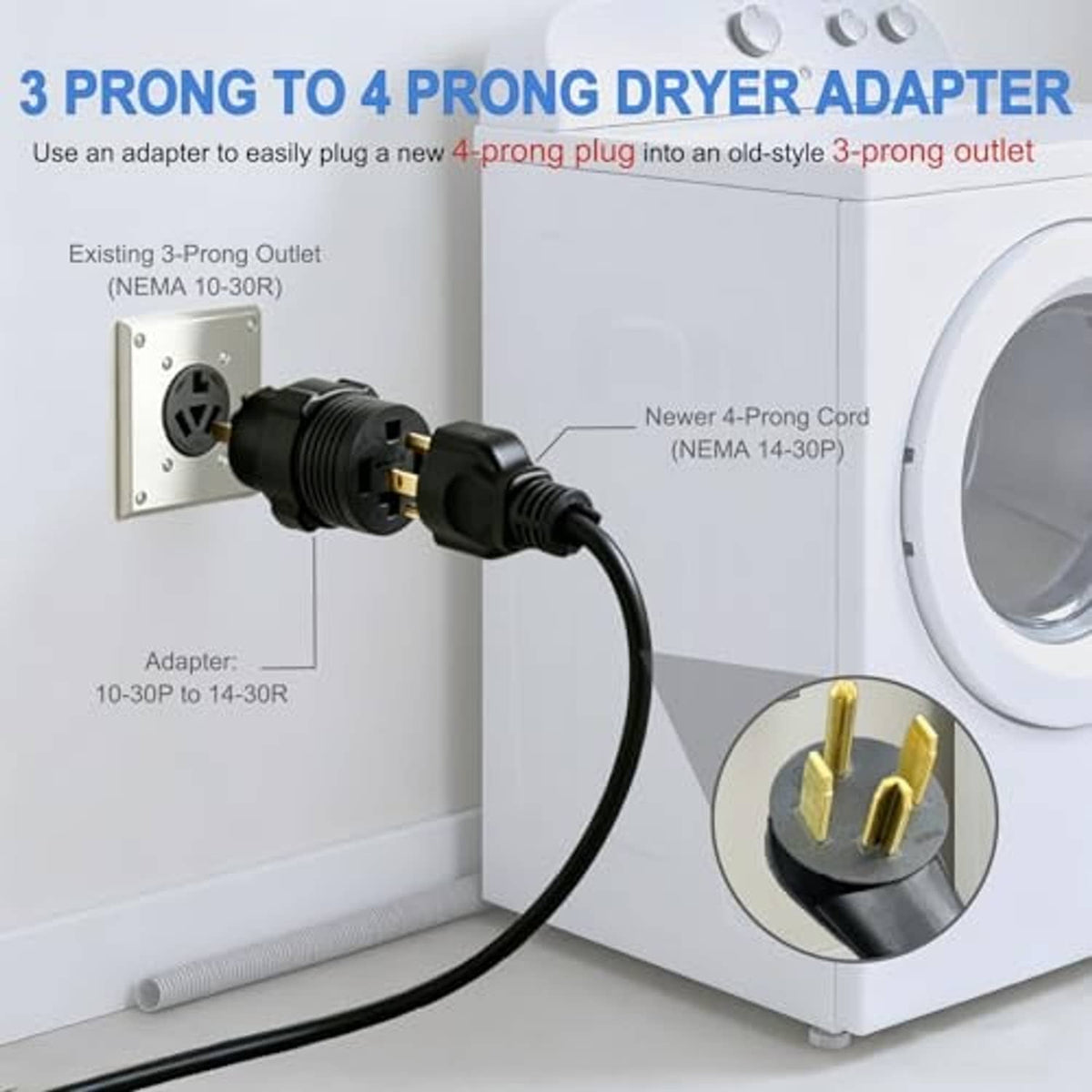 Dryer adapter plug converter plugged into an outlet and dryer cord