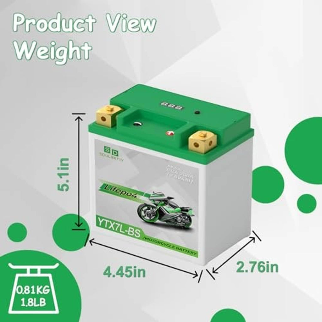 LiFePO4 motorcycle battery product view with green top and size measurement
