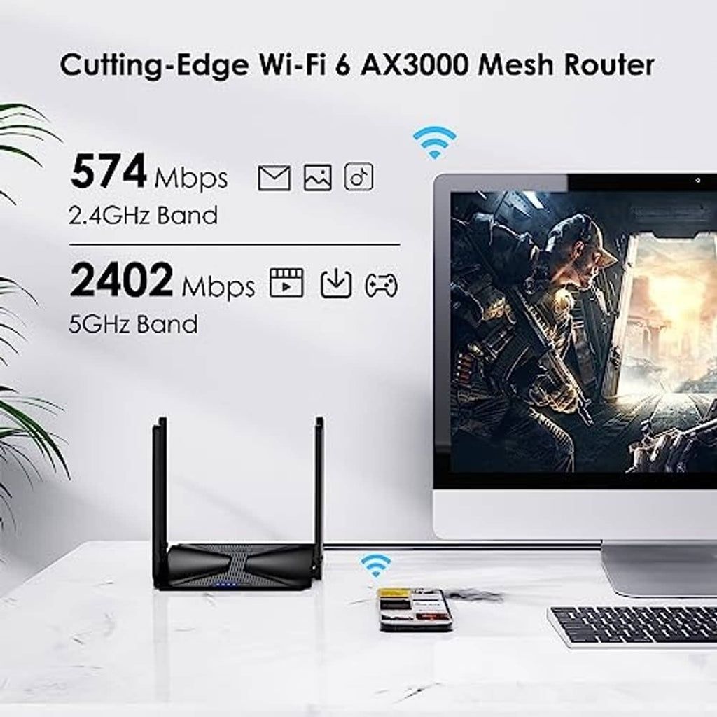 Black WiFi 6 mesh router with two antennas and front LED, standing on desktop