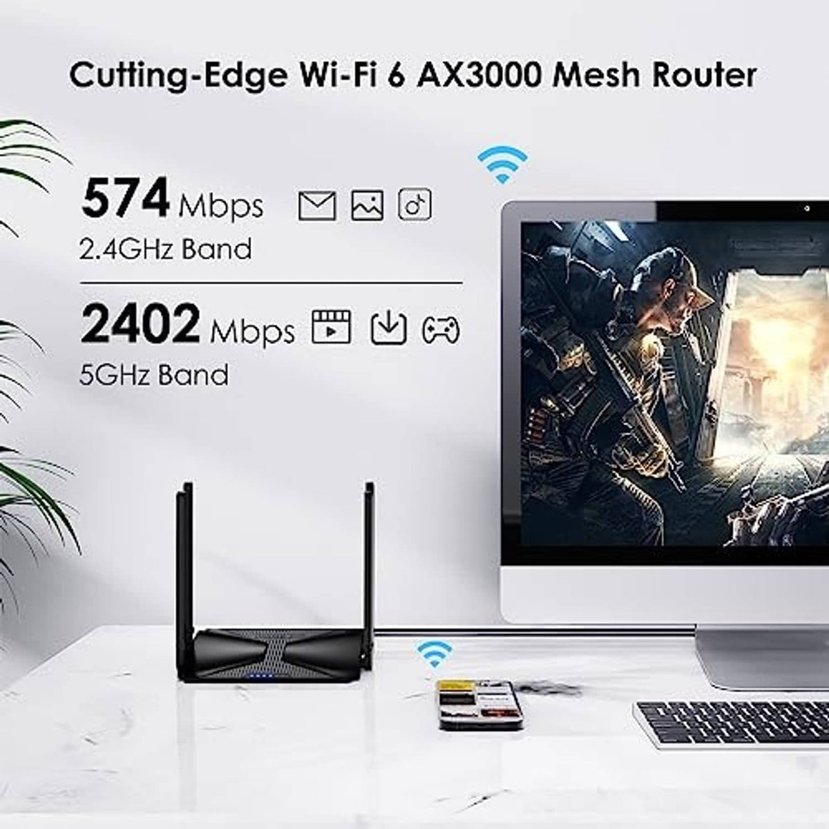 Black WiFi 6 mesh router with two antennas and front LED, standing on desktop