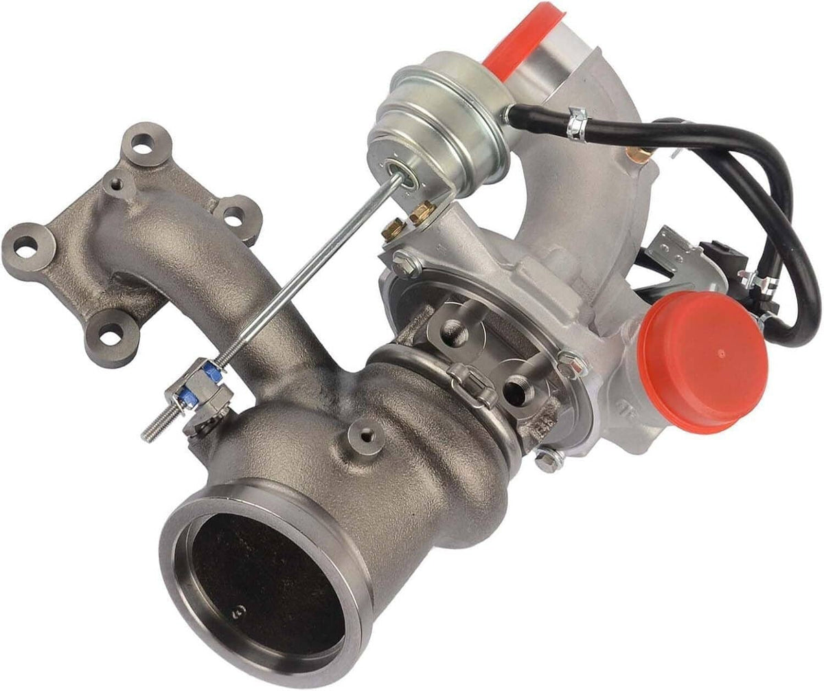 Turbocharger unit with metal housing, red cap, and attached hoses and wires