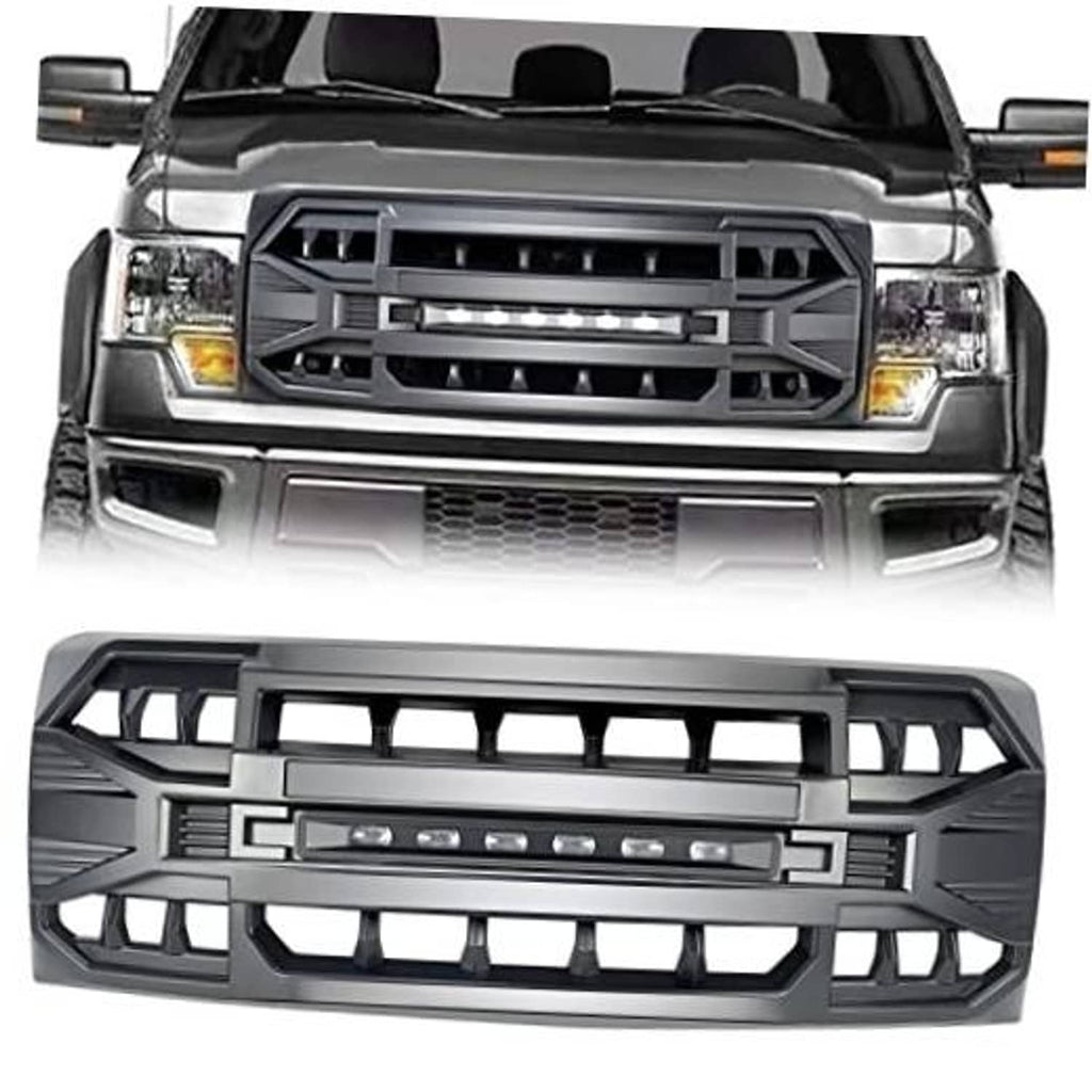Matte black front grille replacement with LED light bar and geometric openings