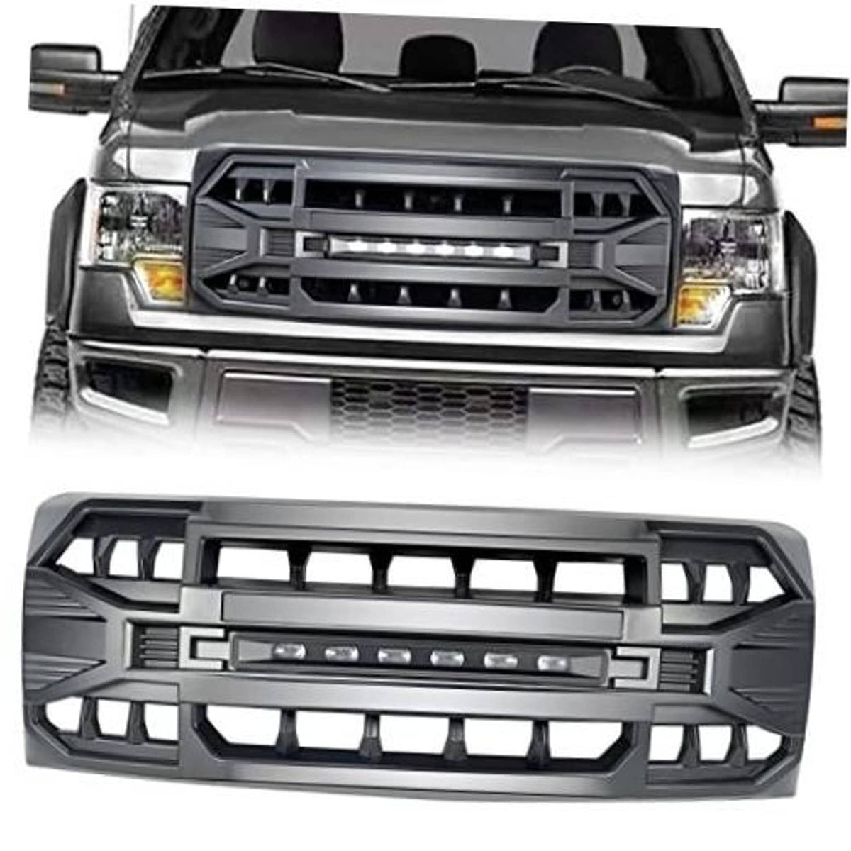 Matte black front grille replacement with LED light bar and geometric openings