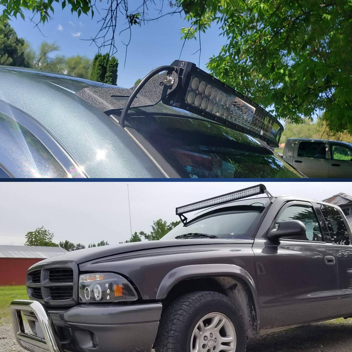Curved black LED light bar mounting bracket installed on a pickup truck grille