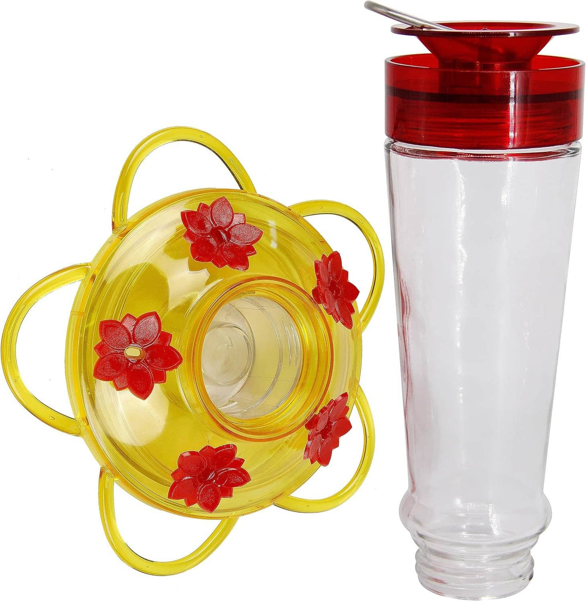 Clear glass hummingbird feeder bottle with yellow flower-style 5-port base