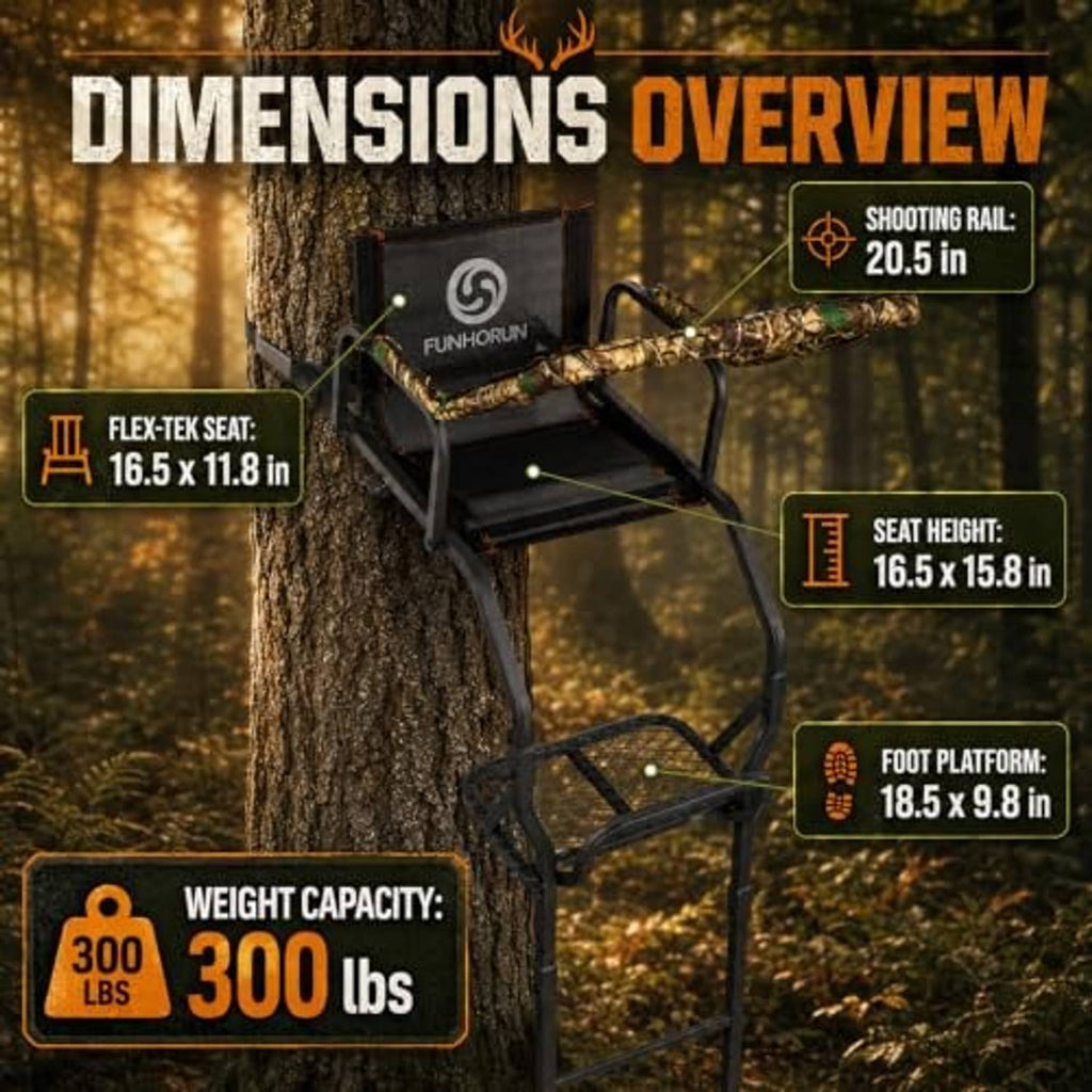 Ladder tree stand diagram showing padded seat, shooting rail, and foot platform