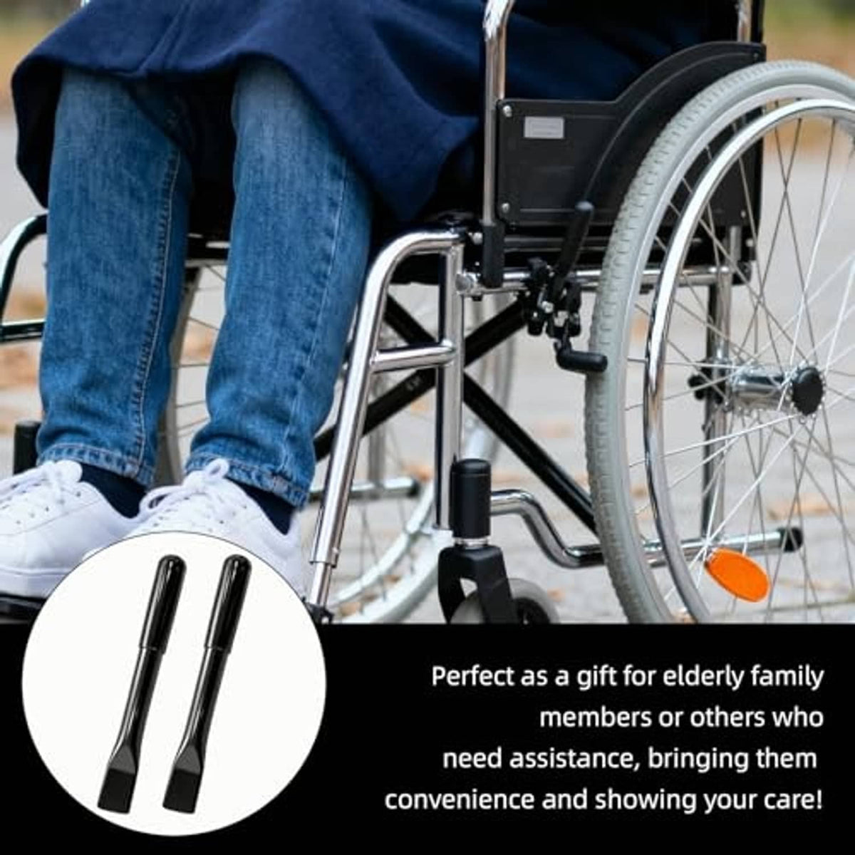 Black wheelchair brake handle extenders on a wheelchair with a person nearby