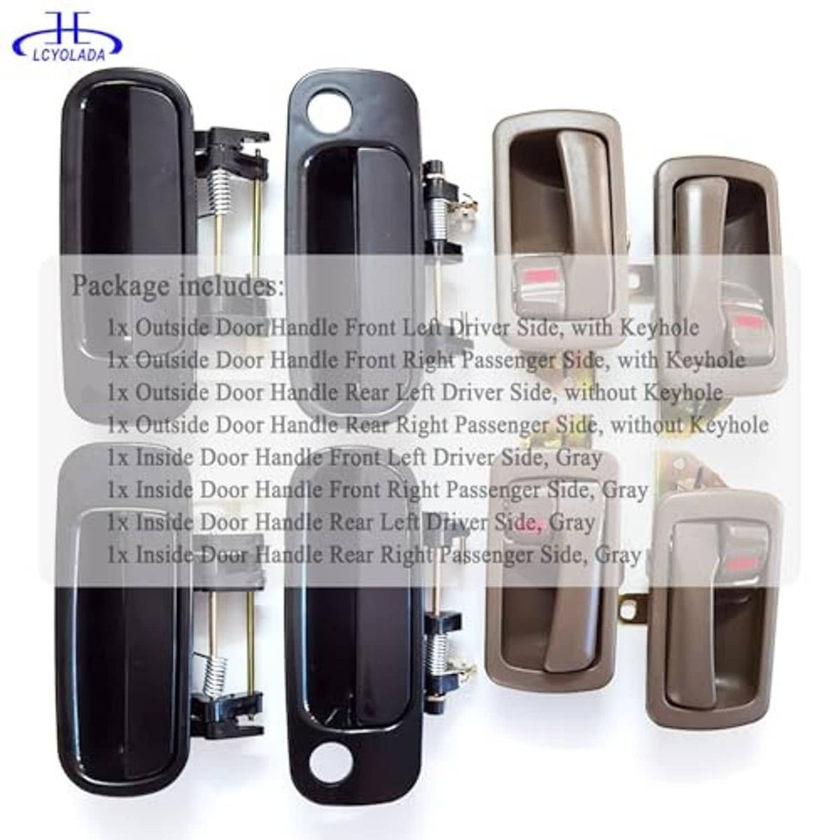 Set of 8 door handles, black exterior and gray interior handles with red lock inserts