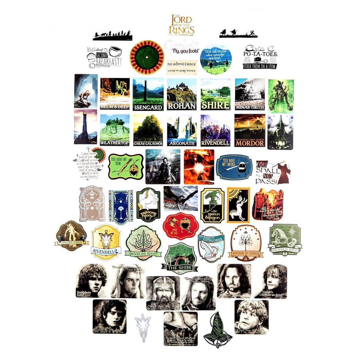 Large sheet of multicolor Lord of the Rings vinyl stickers, logos and silhouettes