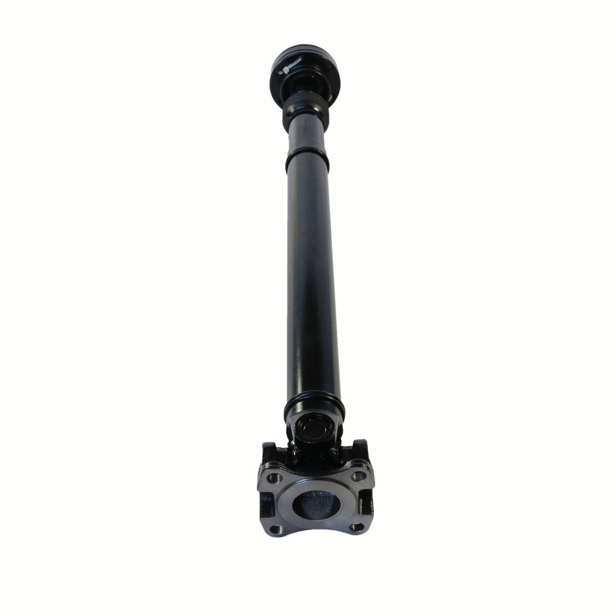 Front drive shaft with mounting flange at bottom, black tube and rubber boot