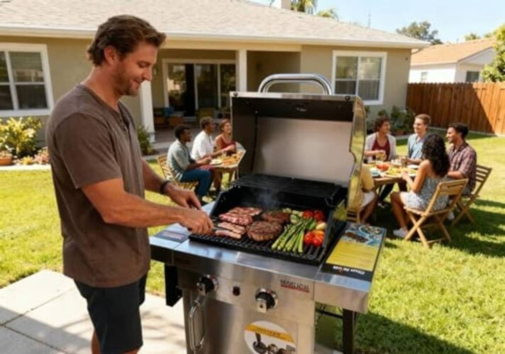 Outdoor gas grill with open lid, food on cooking grates during backyard meal
