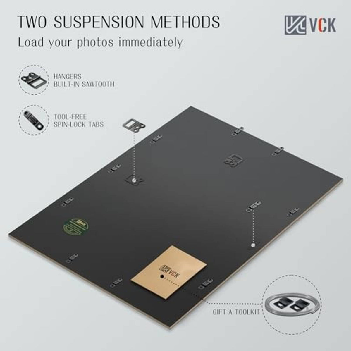 Black wood picture frame with hanging hardware and spin-lock mounting tabs