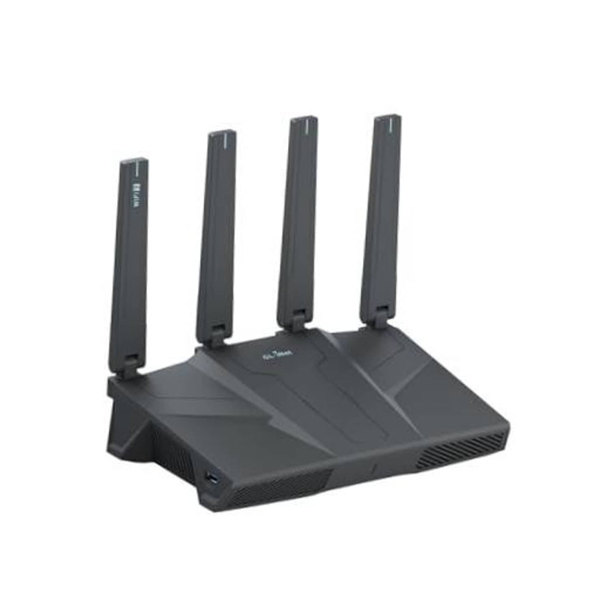 Wireless home router with four external antennas, front view on base