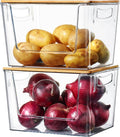 Set of 2 clear storage bins with bamboo lids, showing potatoes and red onions inside