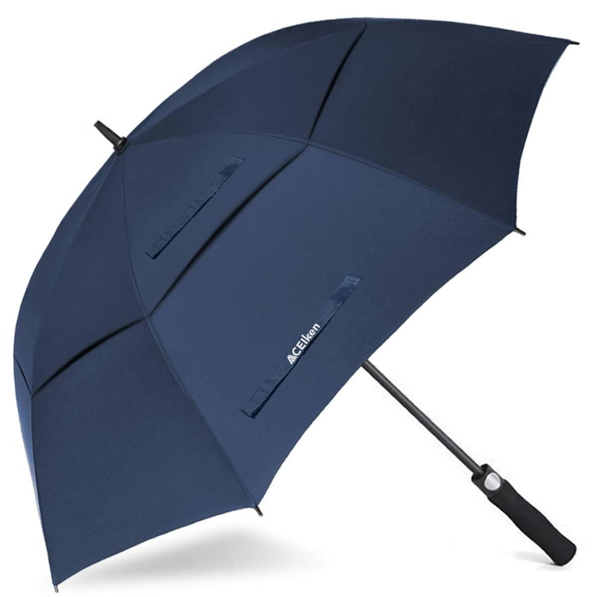 Navy blue golf umbrella with double-canopy design and curved black handle