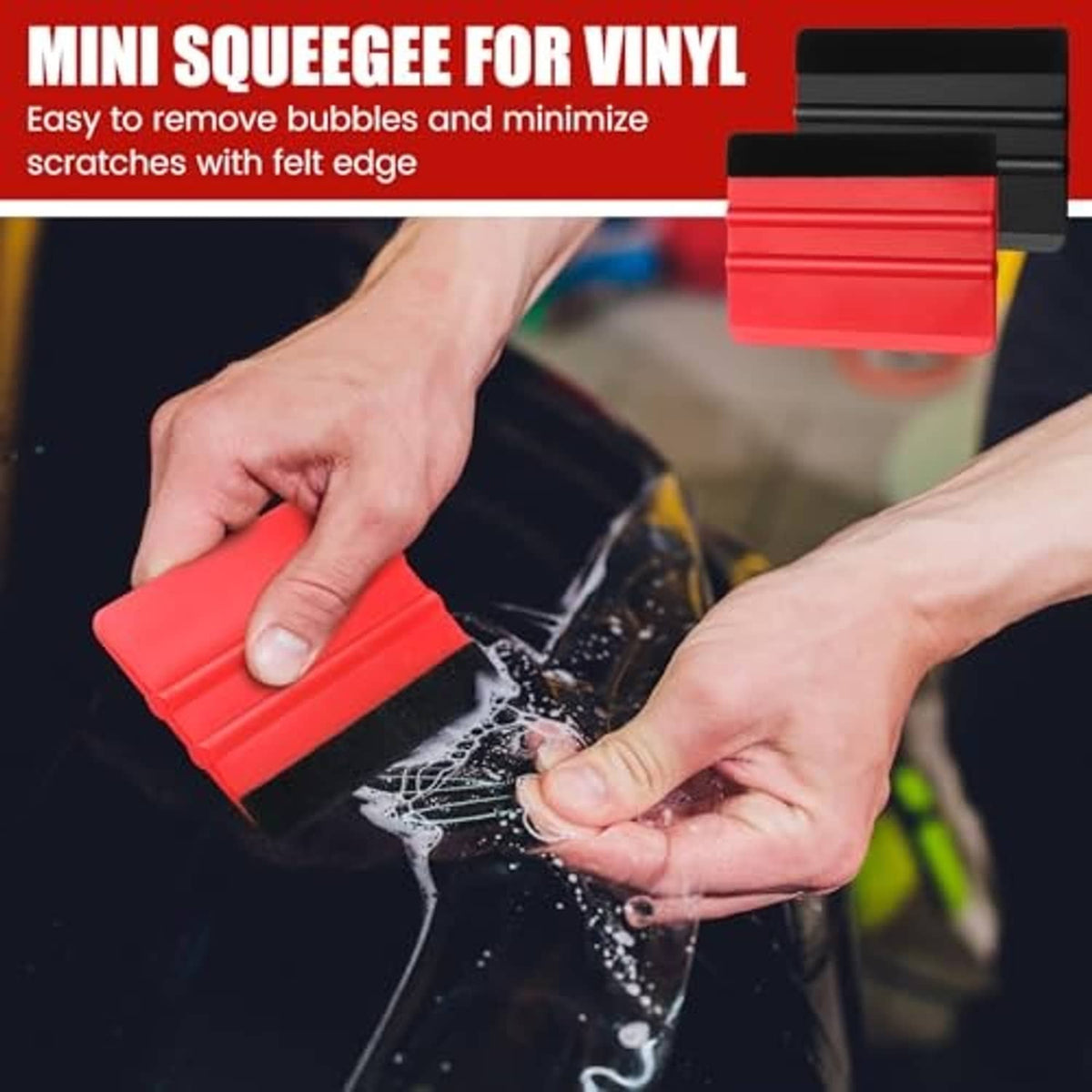 Red vinyl squeegee with black felt edge for pressing and flattening window film