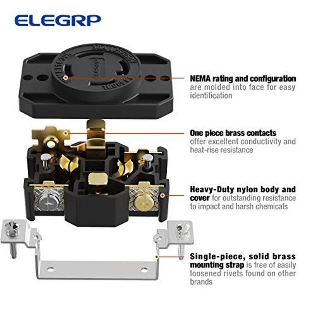 NEMA locking receptacle cutaway showing brass contacts and heavy-duty nylon body