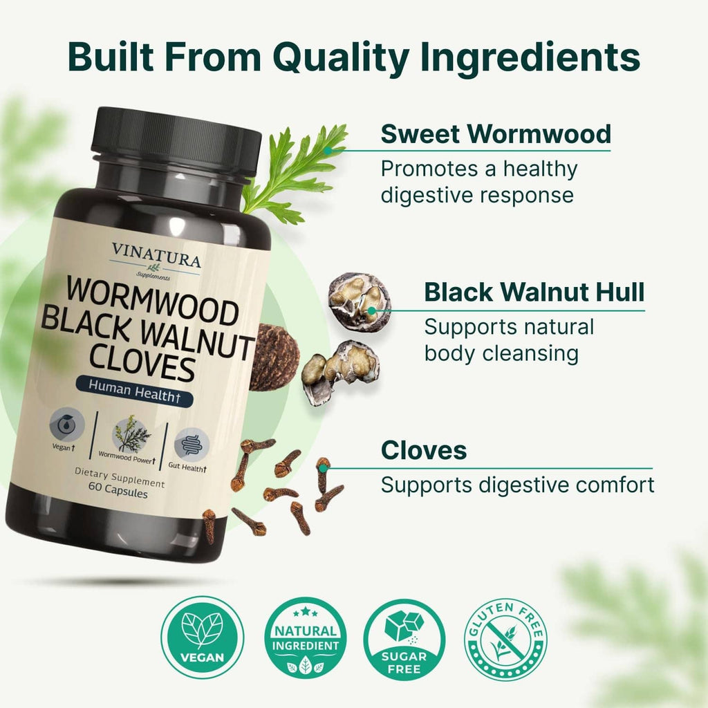 VINATURA supplement bottle with front label, plus illustrated plant ingredients around it