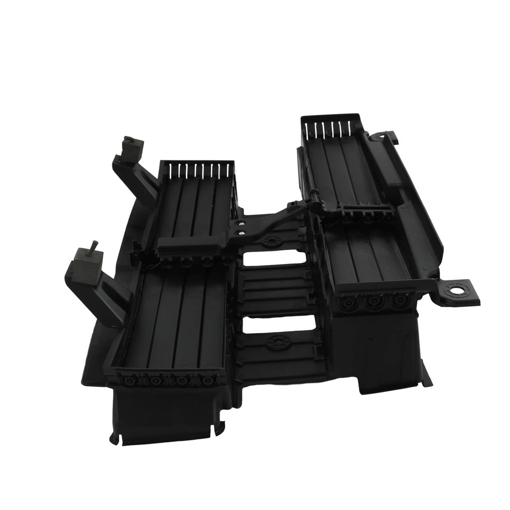 Black radiator shutter assembly with two fan-shutter channels and side mounts