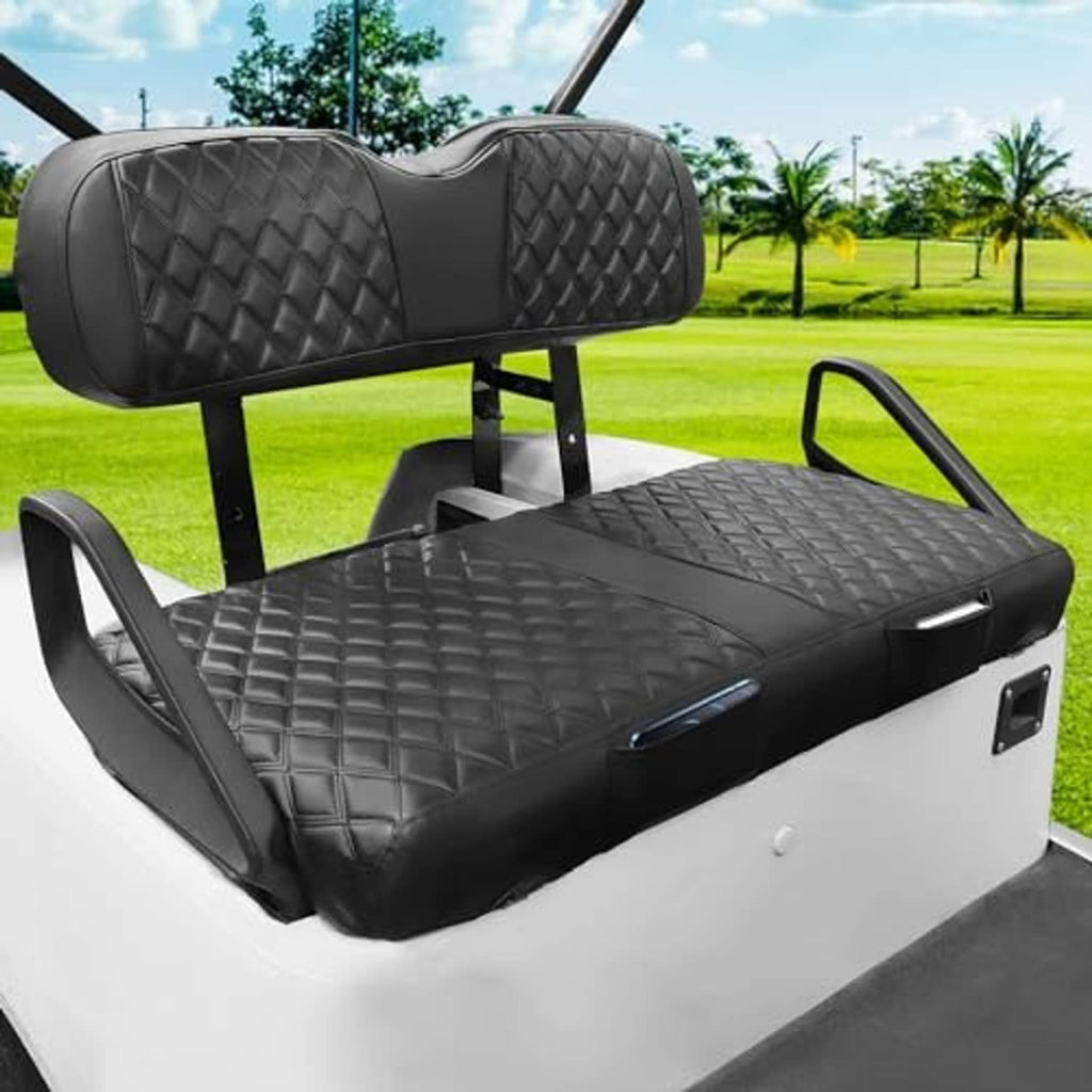 Black diamond-quilted front seat cover set with contoured headrest and seat cushion top