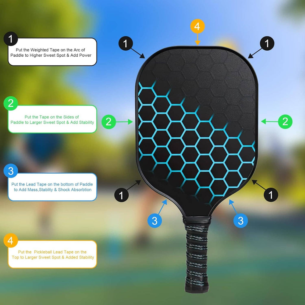 Pickleball paddle with black lead tape applied along the edge for added stability.