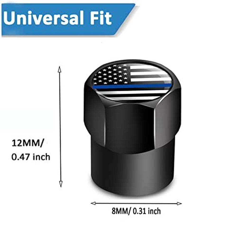 Compact black tire valve stem cap featuring a thin blue line flag emblem