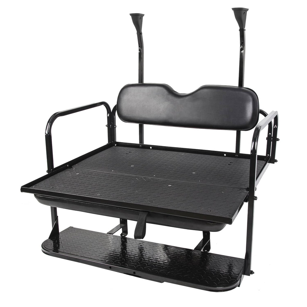 Black flip rear golf cart seat with padded backrest and textured platform base
