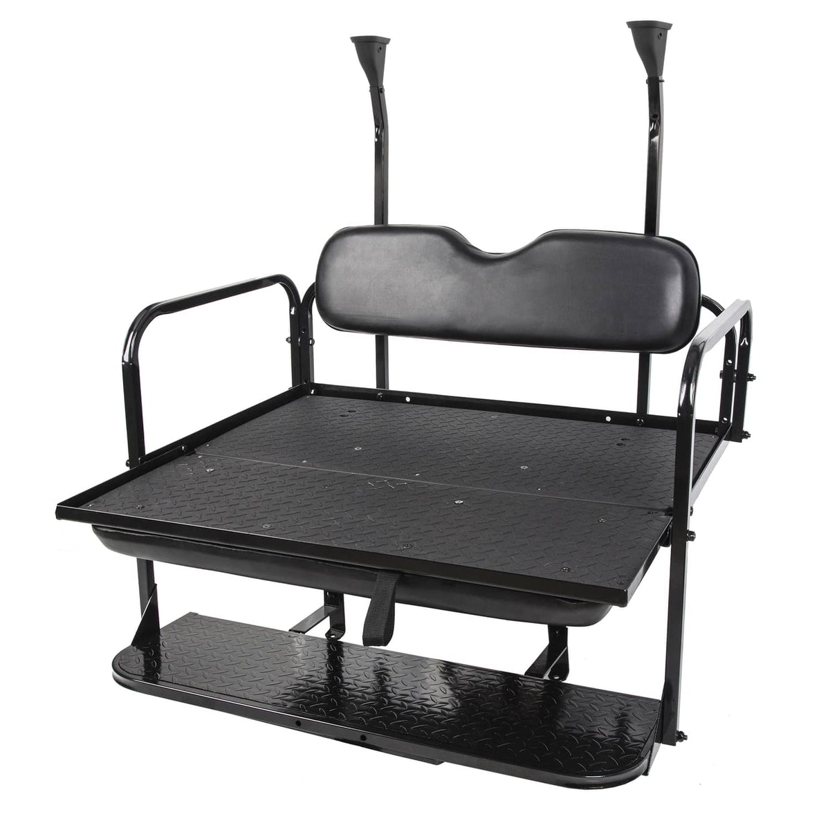 Black flip rear golf cart seat with padded backrest and textured platform base