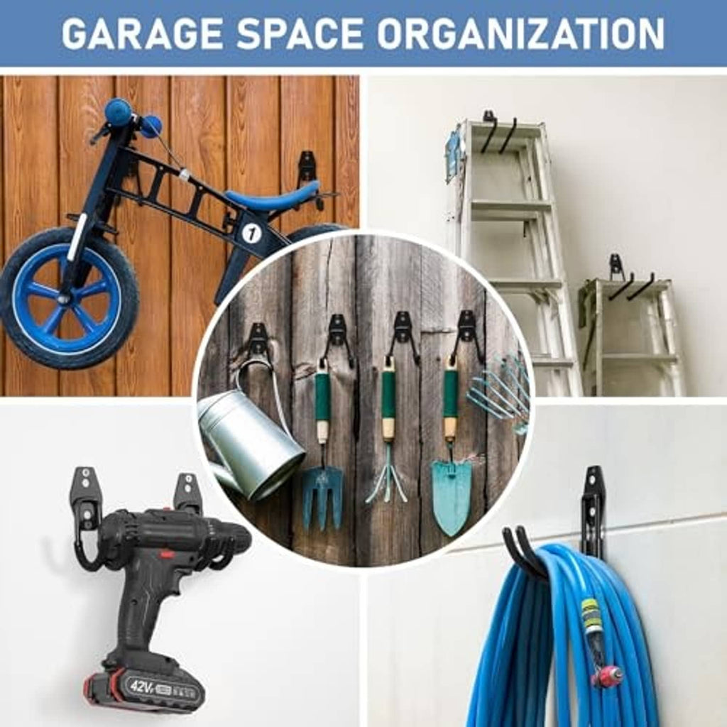 Black garage hooks wall-mounted, holding tools and accessories on a wooden board