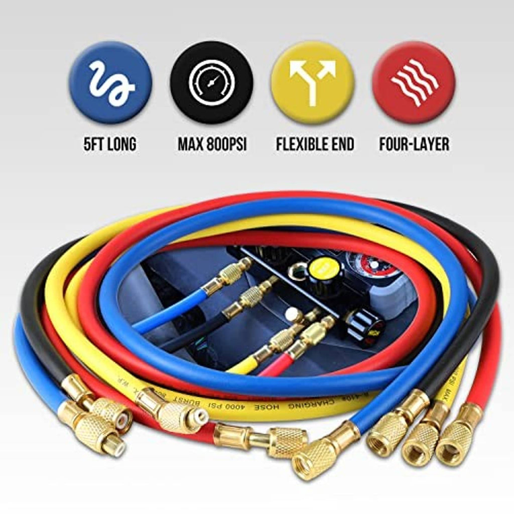 Color-coded manifold hoses with brass ends and service valve fittings