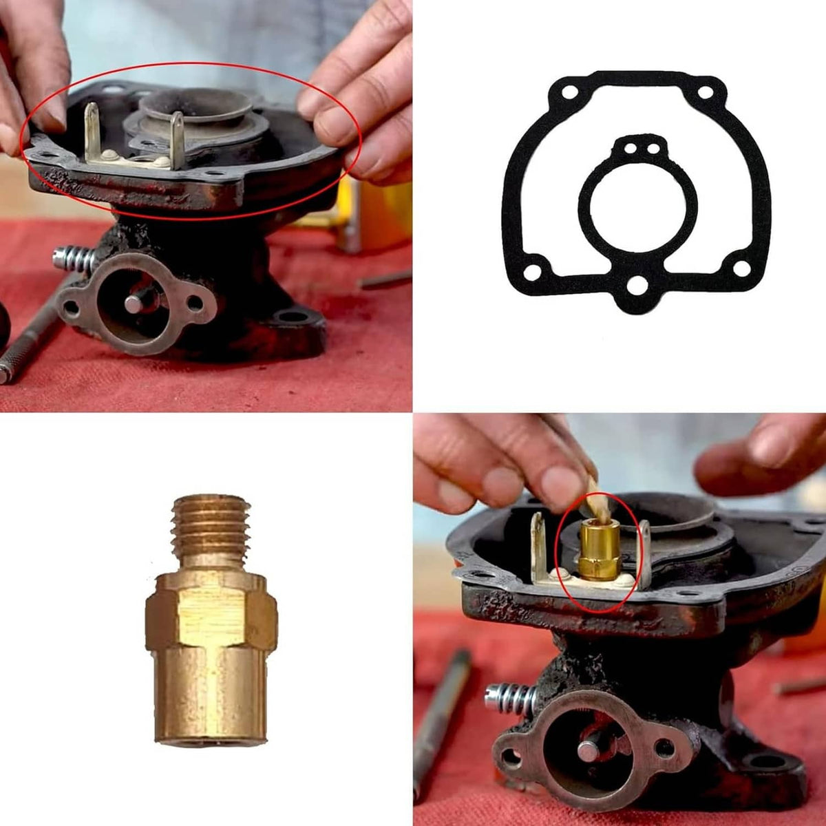 Carburetor rebuild kit gasket installation: hands fitting gasket and brass valve parts
