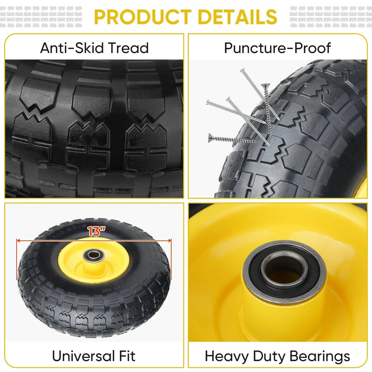 Solid wheel tire with deep black anti-skid tread and yellow rim