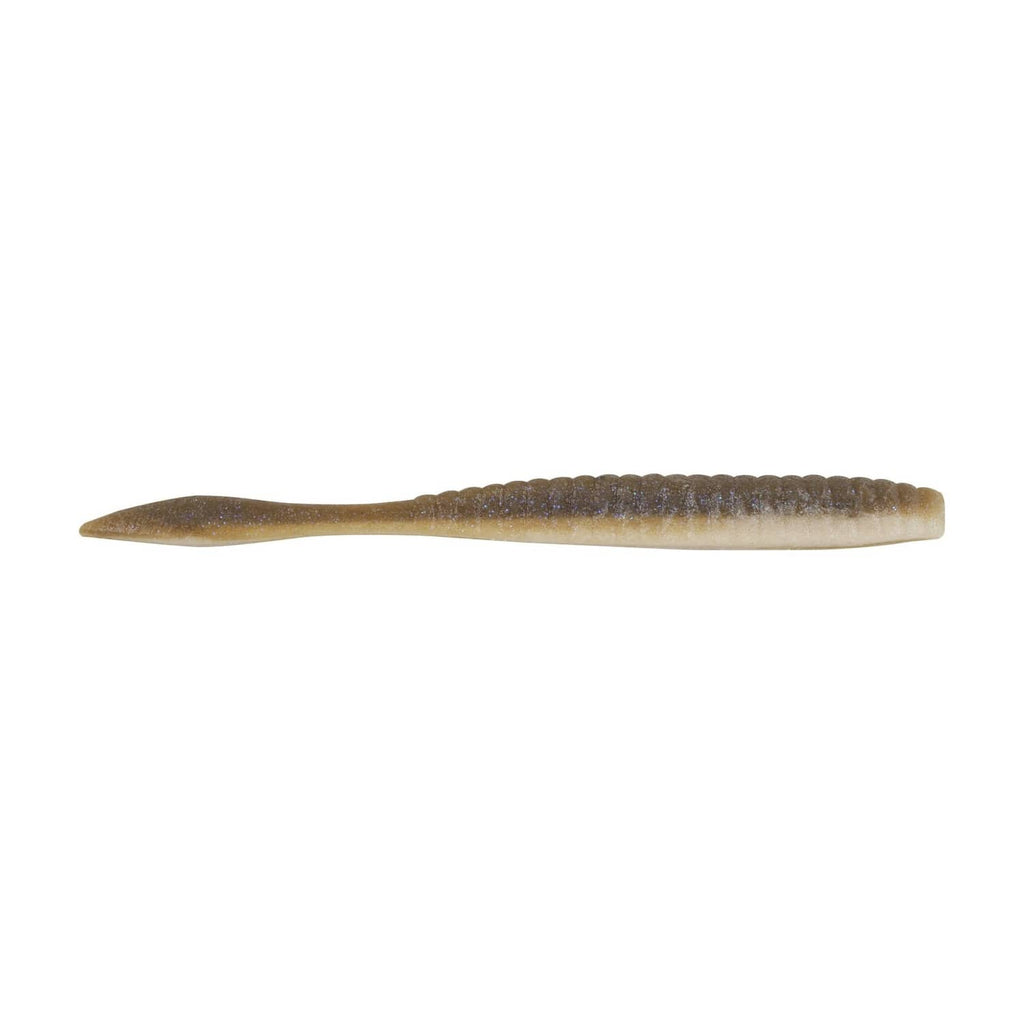 Soft slender fishing bait in olive-brown with speckled spots and tapered tail